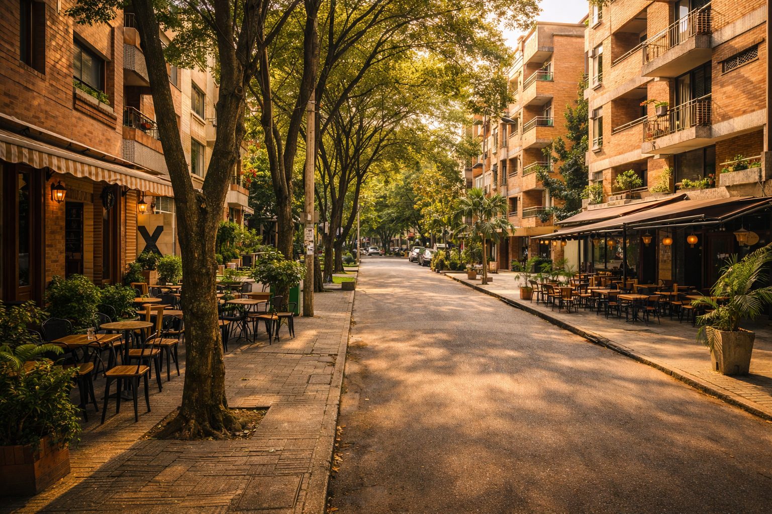 Tree-lined café street in El Poblado, Medellín at golden hour