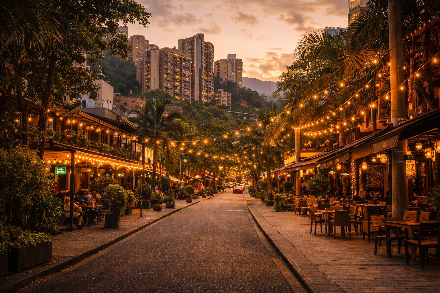 Evening in Medellín with string lights and outdoor dining